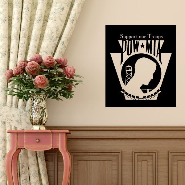 POW MIA block decal: black square with POW*MIA emblem and Support our Troops text