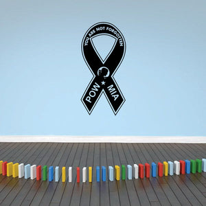 Black POW MIA ribbon decal with blue and white text and heart emblem