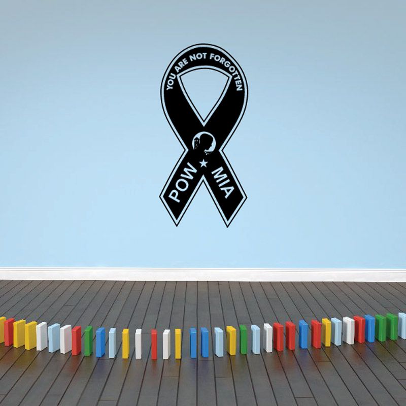 Black POW MIA ribbon decal with blue and white text and heart emblem
