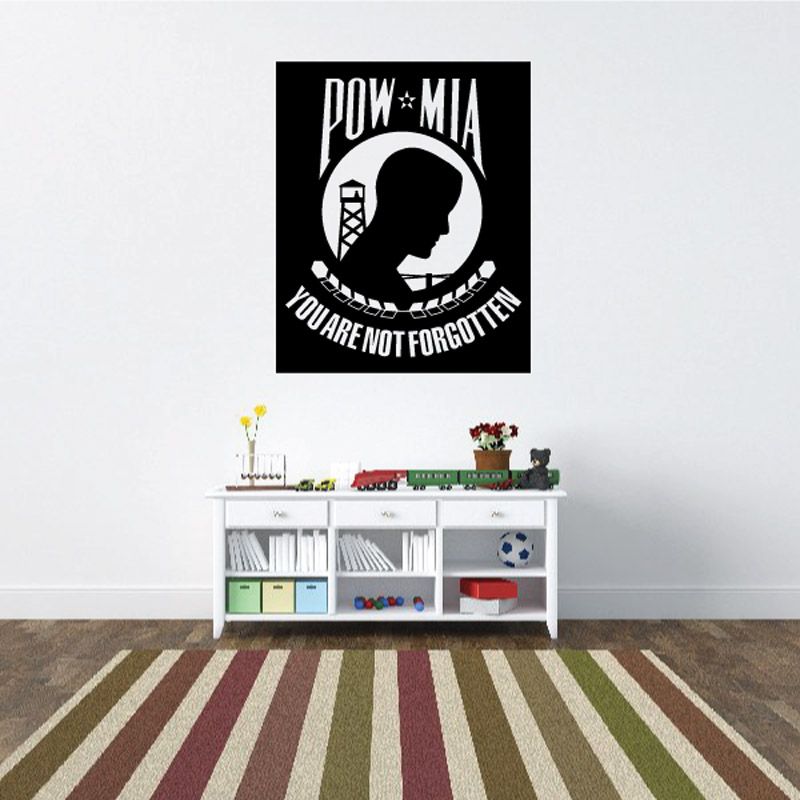 POW MIA memorial decal, black square with POW* MIA text and soldier silhouette.