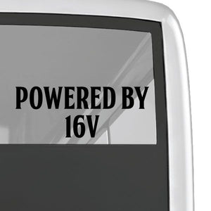 Powered by 16V decal with black text