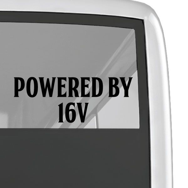 Powered by 16V decal with black text