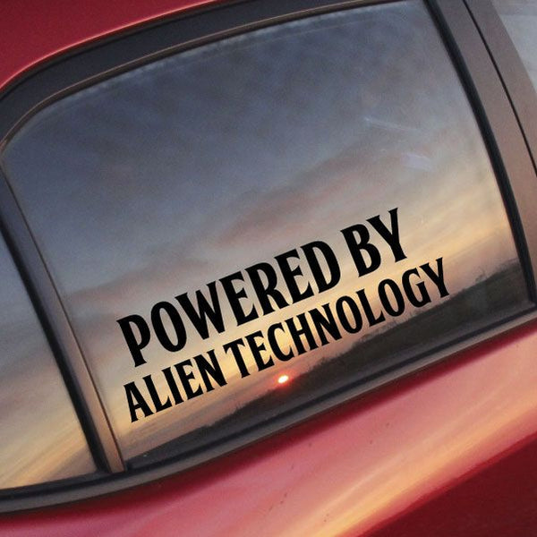 Powered By Alien Technology window decal with bold black lettering
