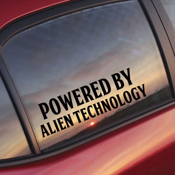 Powered By Alien Technology window decal with bold black lettering