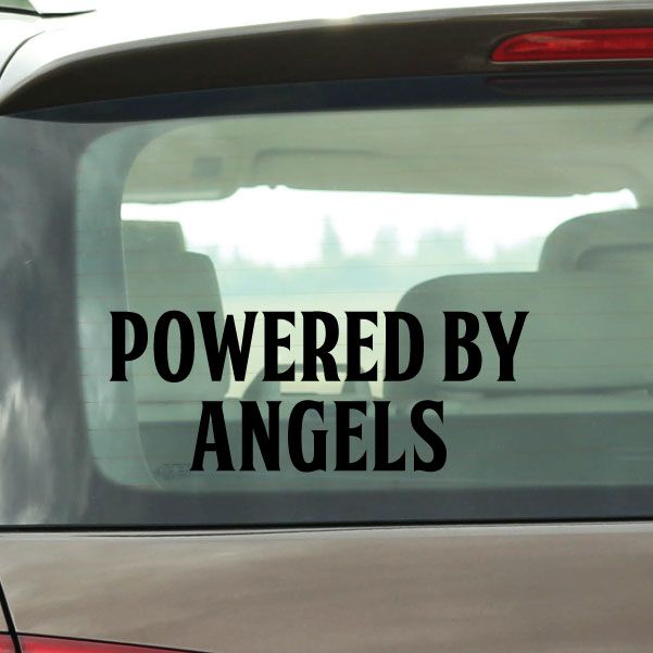 Powered By Angels car decal with bold black uppercase lettering