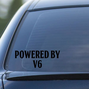 Window decal with "POWERED BY V6" text