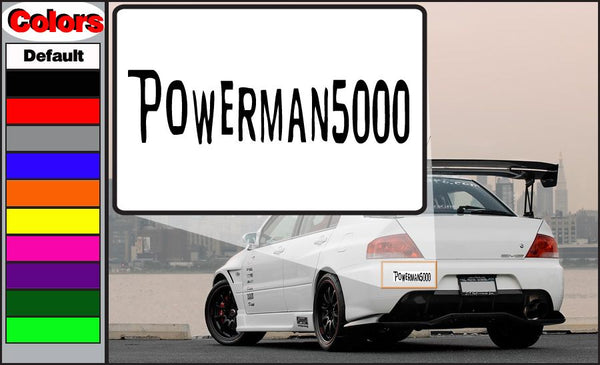Rectangular PowerMAN5000 decal with bold black stylized lettering on white
