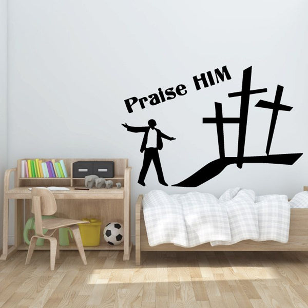 Wall decal: 'Praise Him' lettering, three crosses, and person silhouette