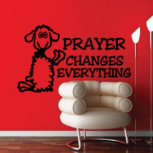 Praying sheep wall decal with text PRAYER CHANGES EVERYTHING and candle outlines