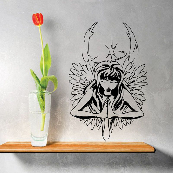Praying angel mother wall decal with black outline wings and praying hands