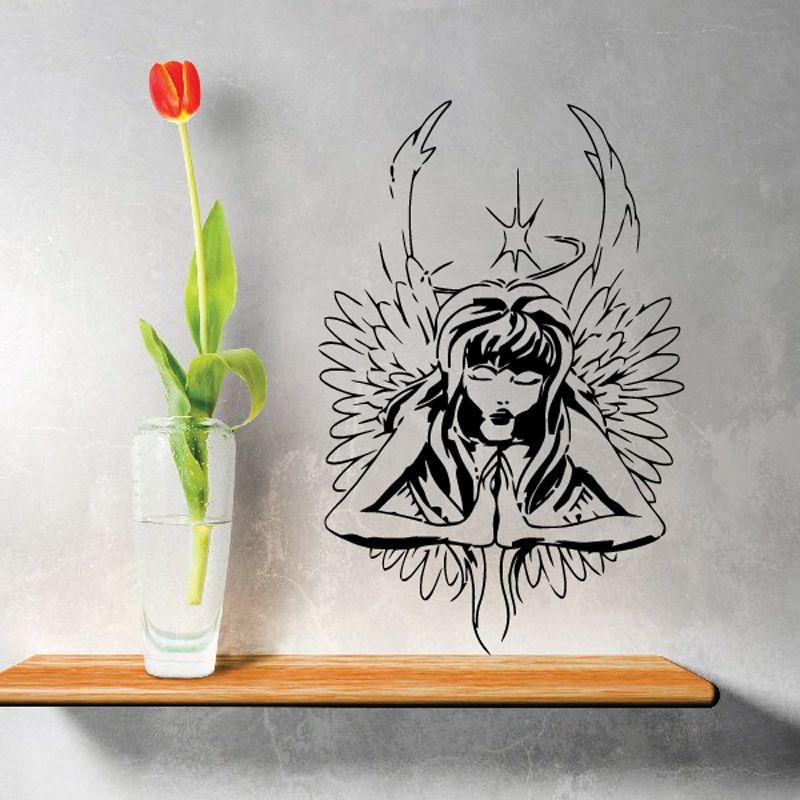 Praying angel mother wall decal with black outline wings and praying hands