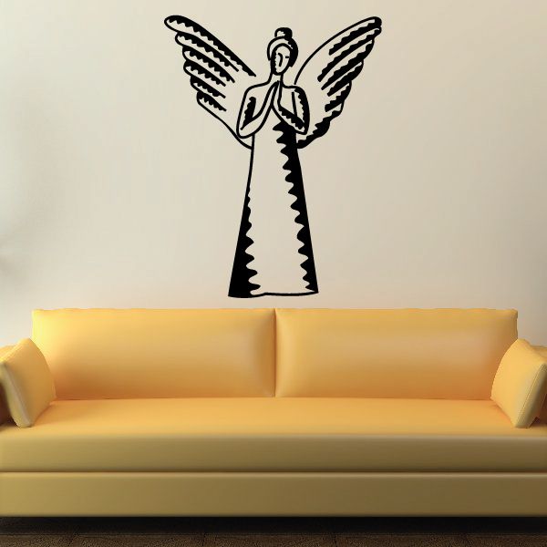 Praying angel woman decal, black-and-white winged angel with folded hands and halo