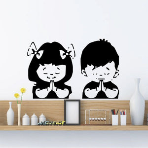 Children praying wall decal with two black cartoon silhouettes, hands clasped