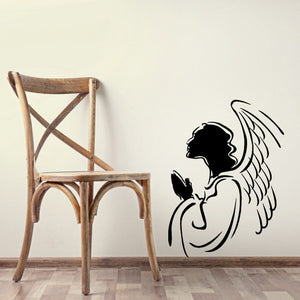 Praying female angel wall decal, black silhouette with wings and folded hands