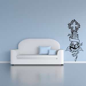 Praying hands and cross line-art wall decal in black