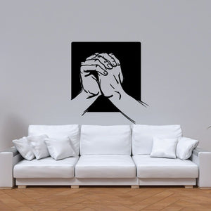 Praying hands clenched decal, white hands illustration on black rectangle