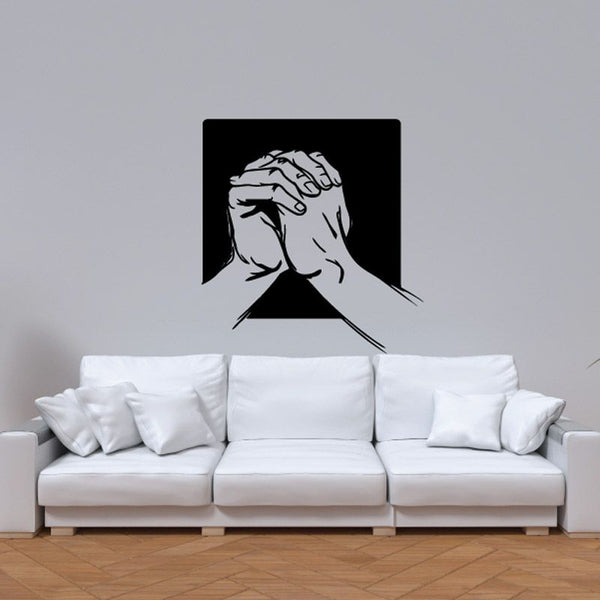 Praying hands clenched decal, white hands illustration on black rectangle