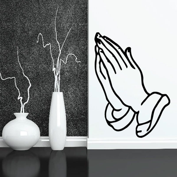 Praying hands wall decal, outlined white hands with dark accents