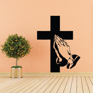 Black cross wall decal with praying hands illustration
