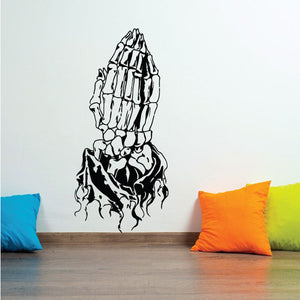 Praying hands skeleton wall decal in black-and-white line art.