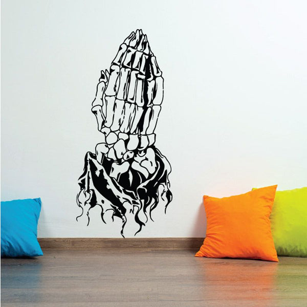 Praying hands skeleton wall decal in black-and-white line art.