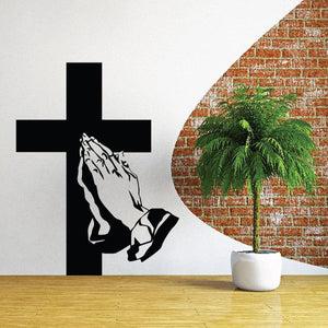 Cross and praying hands wall decal, black with white silhouette