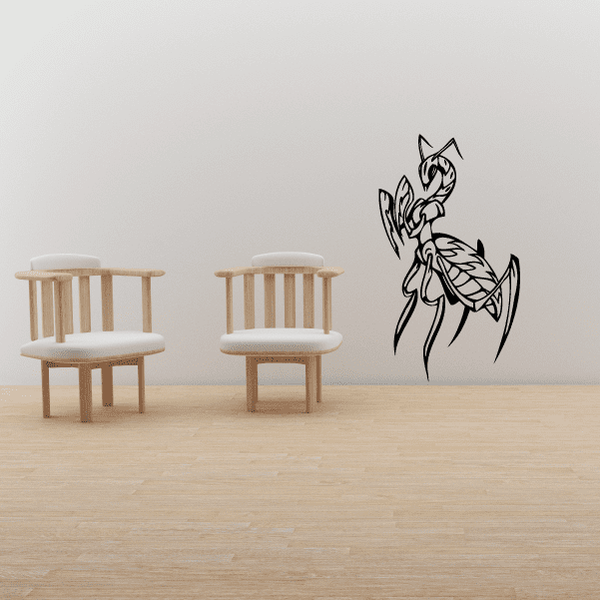 Praying mantis fighting stance wall decal, black line art