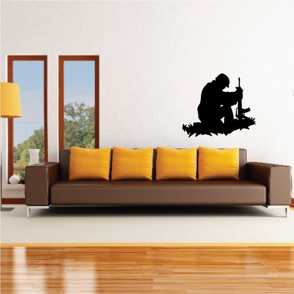 Praying soldier on grass wall decal, black kneeling praying soldier silhouette