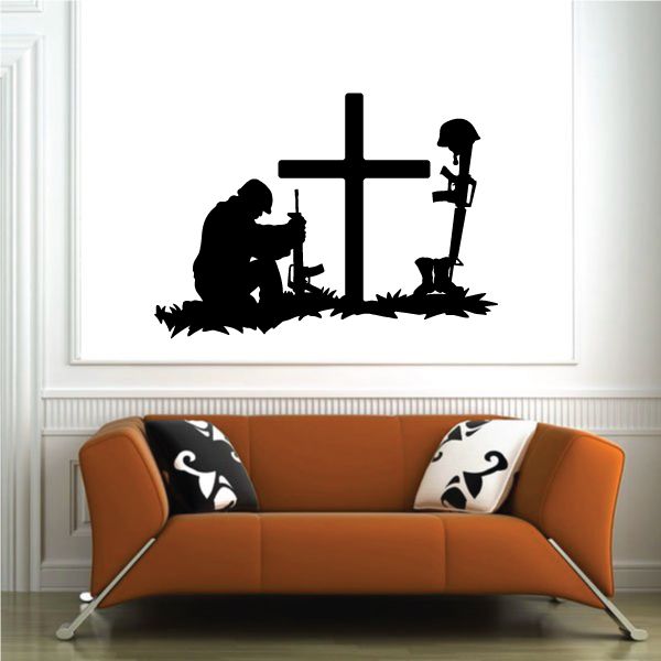 Praying soldier with cross wall decal, black silhouette graphic on white background