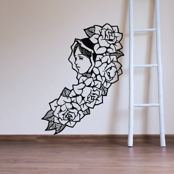 Praying Virgin Mary wall decal with rose bouquet line art, black outline on light surface