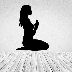 Praying woman worship decal: black kneeling silhouette with clasped hands