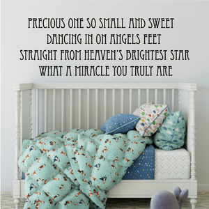 Wall quote decal with 'Precious one so small and sweet' decorative lettering