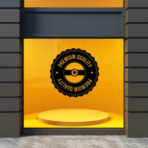 Circular premium quality wall decal with black border and yellow center badge text