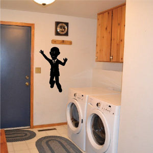 Jumping president silhouette wall decal, black figure with arms raised and legs bent