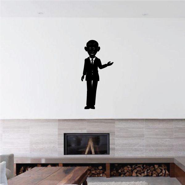 Wall decal of a black suited president figure presenting with one hand out