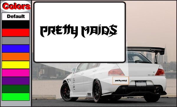 Pretty Maids vinyl decal with black stylized logo text on white backing
