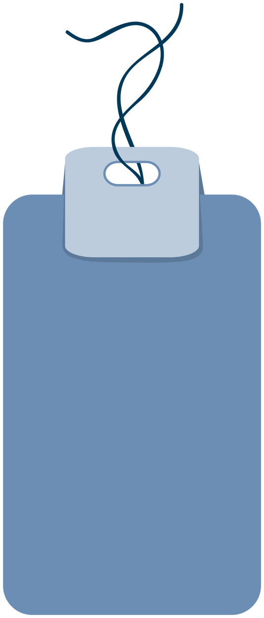 Light blue price tag sticker with string tied to a looped hole