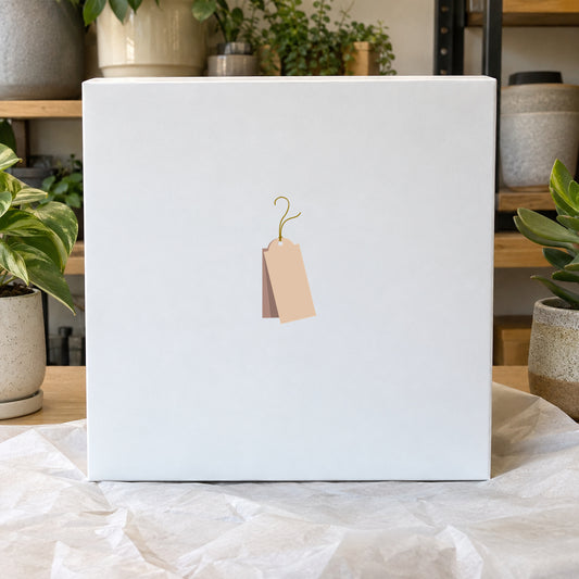 Price tag sticker with a small tan hanging tag icon on white square backing