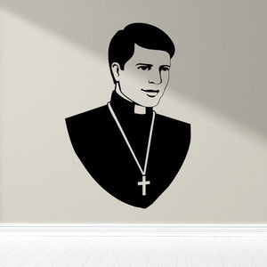 Priest decal of stylized head and shoulders with black robe, white collar, and cross
