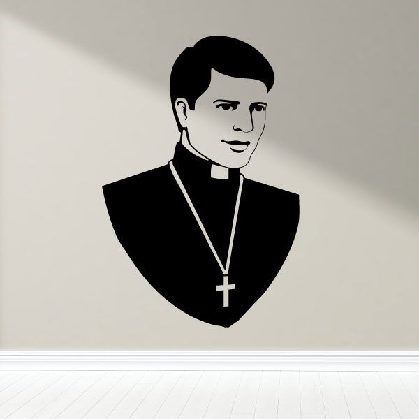 Priest decal of stylized head and shoulders with black robe, white collar, and cross