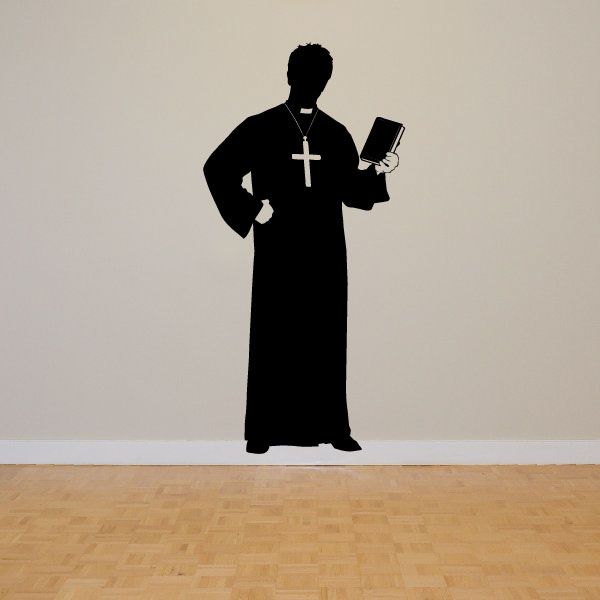 Priest holding Bible decal silhouette with cross pendant on dark clothing