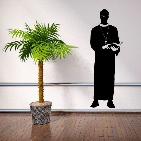 Priest reading from Bible decal, black silhouette with robe and cross