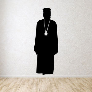 Black priest figure decal with round medallion pendant