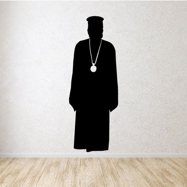 Black priest figure decal with round medallion pendant