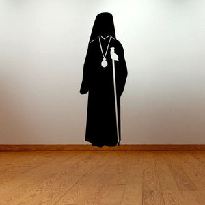 Black priest robe figure decal with staff and cross pendant