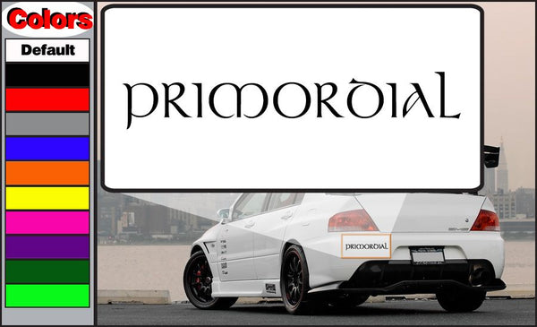 Primordial decal sticker, white background with PRIMORDIAL text