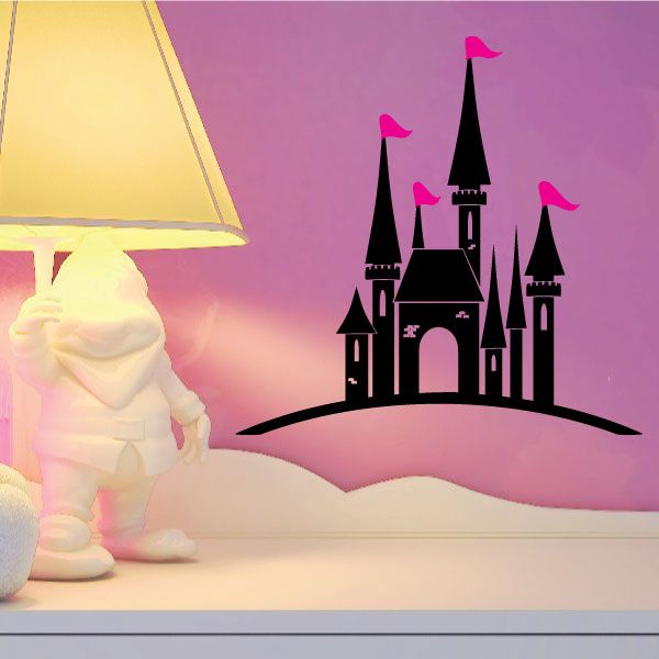 Princess castle wall decal, black silhouette with pink flags and turrets