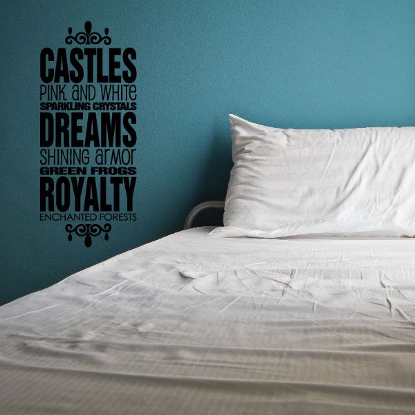 Princess word collage wall decal with castle, dreams, royalty and crystal sparkle text
