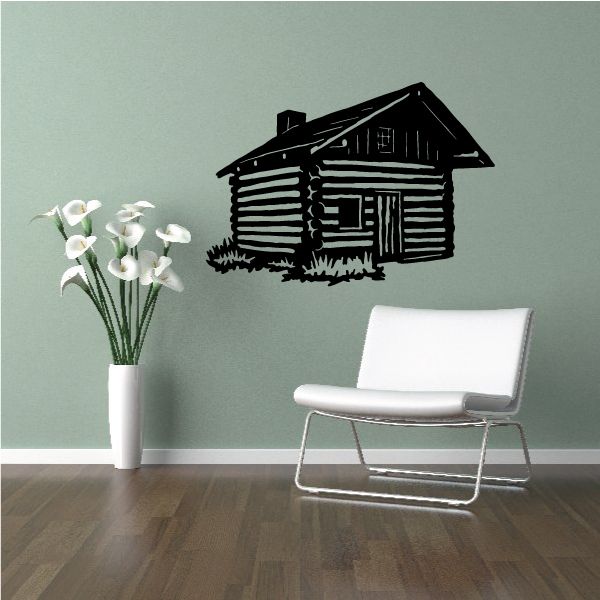 Black log cabin wall decal with windows and chimney