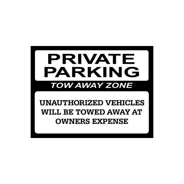 Private parking tow away zone sign with black and white warning text
